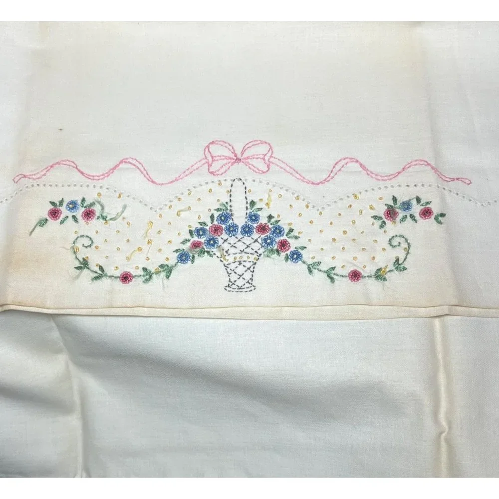 Vintage Hand-Embroidered Single Pillowcase Pink & Blue Floral Bouquet
